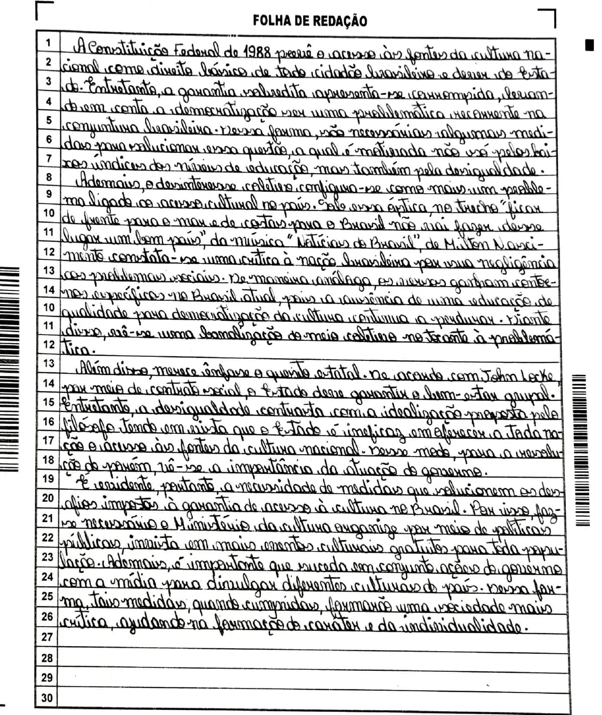 A scanned essay page, handwritten on 26 of the 30 lines of the answer form.